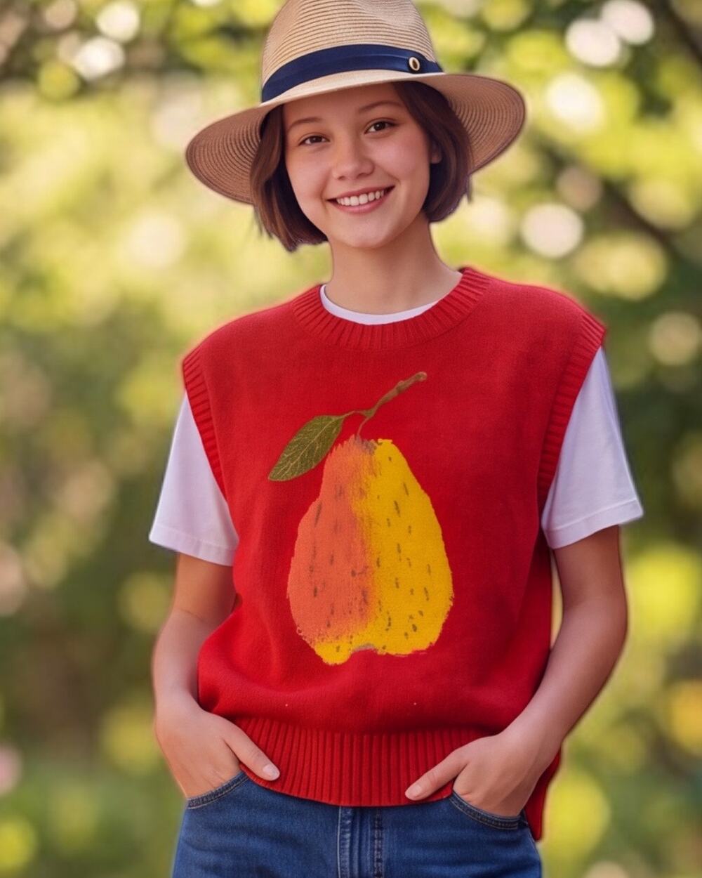 Cider Red Knit Vest Featuring a Pear